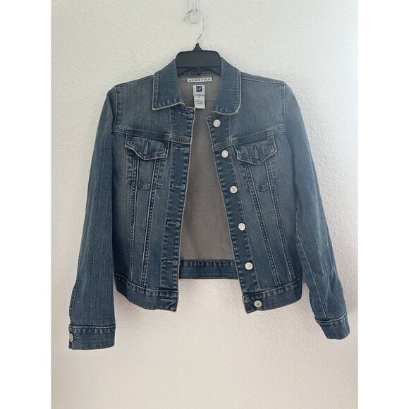 Gap Womens Blue Denim Jeans Jacket Medium‎ Wash Stretch Sz XS Y2K Biker Trucker - Picture 1 of 5